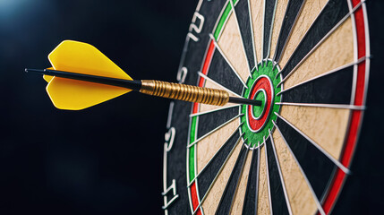 A yellow dart hits the bullseye on a dartboard, symbolizing precision and accuracy in a game of darts.