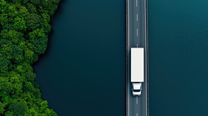 A white truck drives on a bridge over water, with dense green forest on one side, captured from above.