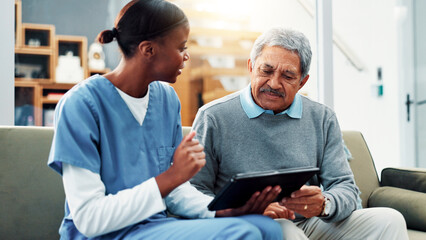 Elderly man, nurse and tablet in home for healthcare, medical support and test results. Retirement,...