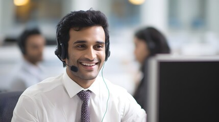 South Asian Customer Service Representative Providing Excellent Assistance With a Smile and Headset Support in a Modern Office Environment to Enhance Customer Experience