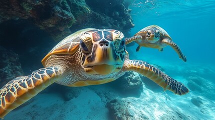 Obraz premium Two sea turtles swim near a coral reef in clear blue ocean water.