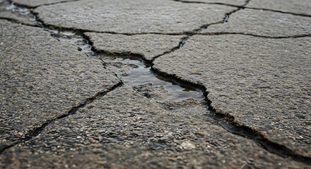 Obraz premium Fractured Pavement Revealing Stagnant Water Puddles After Rainfall