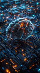 Human brain overlaid on a circuit board