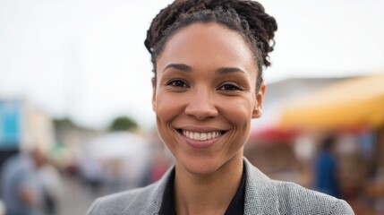 capture professional portrait of individual of any race age or gender at bustling street market with blurred background