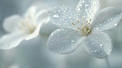 Close-up shot of a white flower covered in water droplets. Use this delicate image to convey purity and freshness.