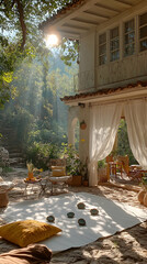 Obraz premium Sunlit patio with stone floor, sheer curtains, and yoga area nestled in a lush garden beside a rustic house