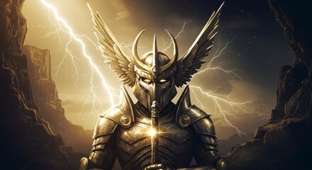 Warrior with wings in golden armor