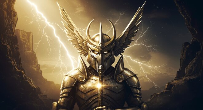 Warrior with wings in golden armor