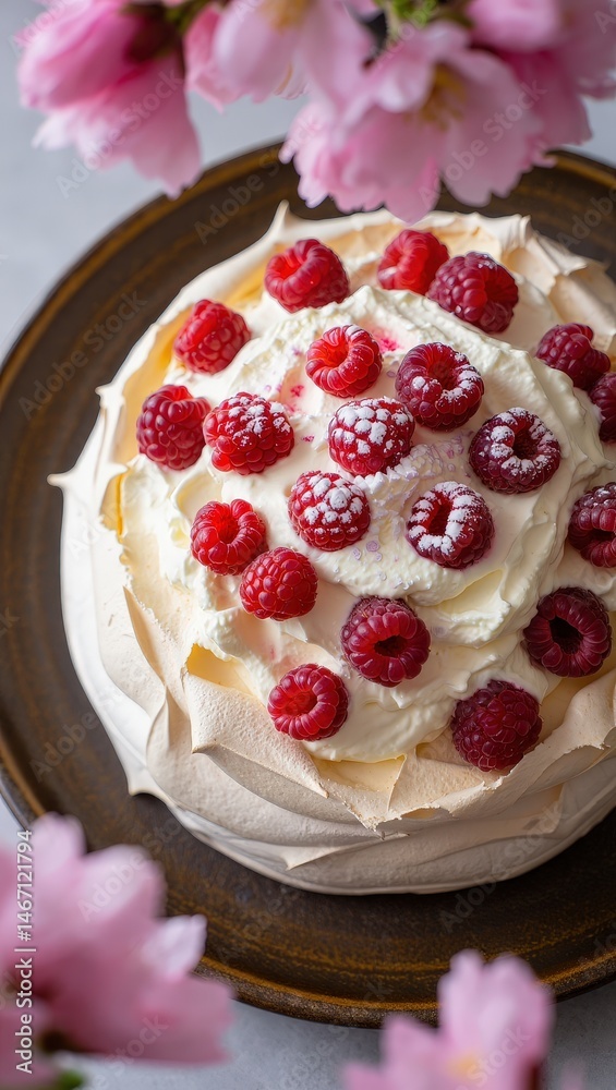 Poster a round cake topped with whipped cream and raspberries, sprinkled with powdered sugar.