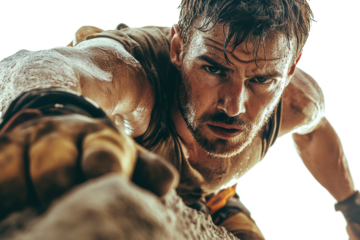 A Close-Up Gritty Portrait of a Determined Climber Reaching a Summit