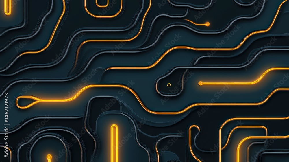 Poster abstract dark background with glowing orange lines forming intricate layered pattern.