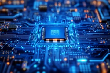 Close-up CPU on illuminated circuit board, data processing