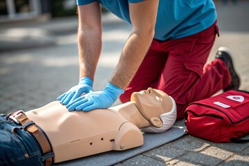 Hands performing cardiopulmonary resuscitation on a training mannequin for medical practice.