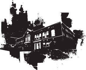 Obraz premium A stark black and white depicts a weathered building with multiple windows.