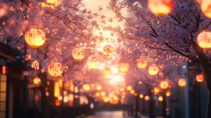 Obraz premium Cherry Blossom Festival Street Glowing with Lantern.