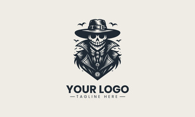 Fototapeta premium Spooky black and white vector illustration of grinning scarecrow wearing buttoned coat and wide hat