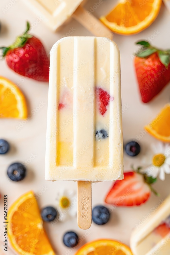 Poster a popsicle with strawberry and blueberry toppings on a stick, surrounded by sliced oranges, strawber