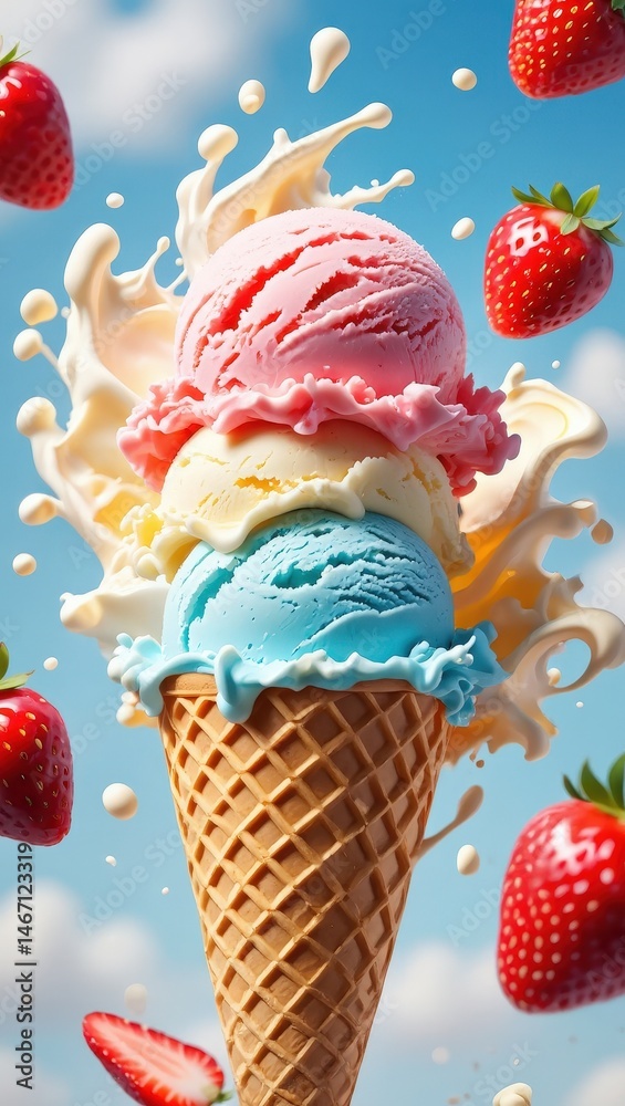 Poster ice cream cones with strawberry toppings, splashing milkshake in the background.
