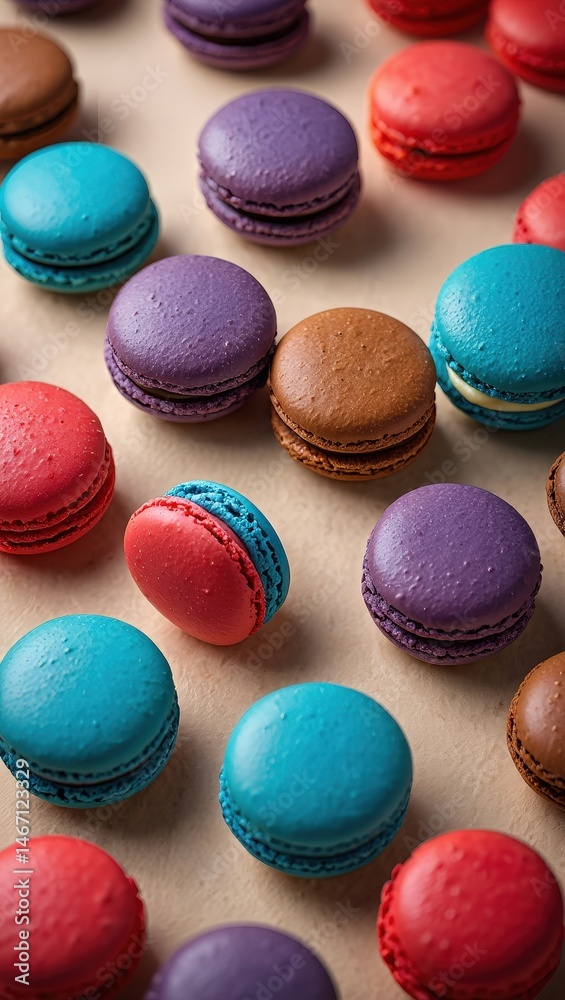 Poster colorful macarons in rows on a gray background.