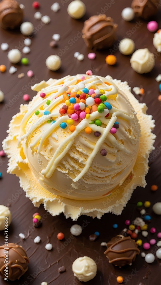 Aufkleber a chocolate ice cream cone with sprinkles on top of it, sitting on a table covered in chocolate shav