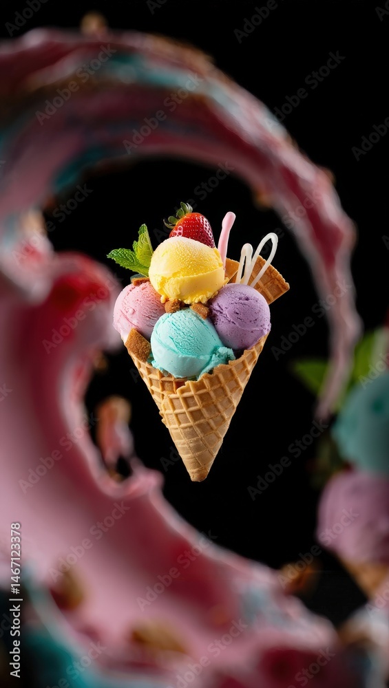 Poster A colorful ice cream cone with various flavored scoops of ice cream on a black background.