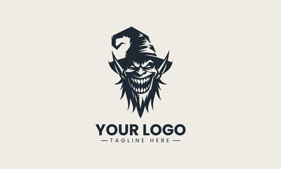 Vector logo design of grinning goblin silhouette with sharp teeth and a pointed hat