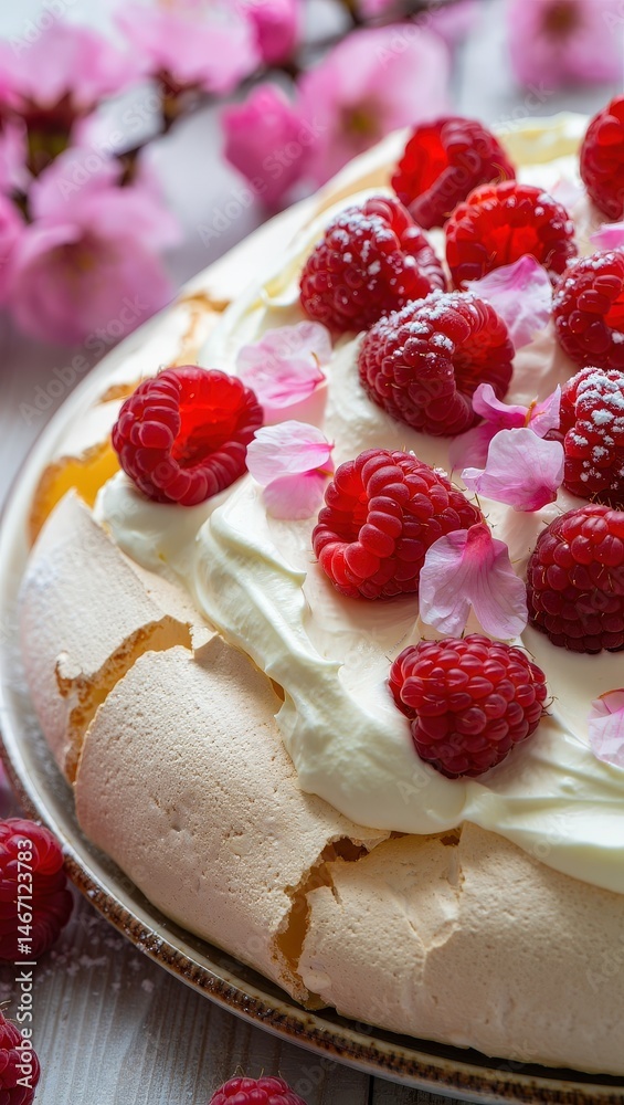 Poster a round cake with white frosting and raspberries on top, sitting on a metal plate with a wooden tabl