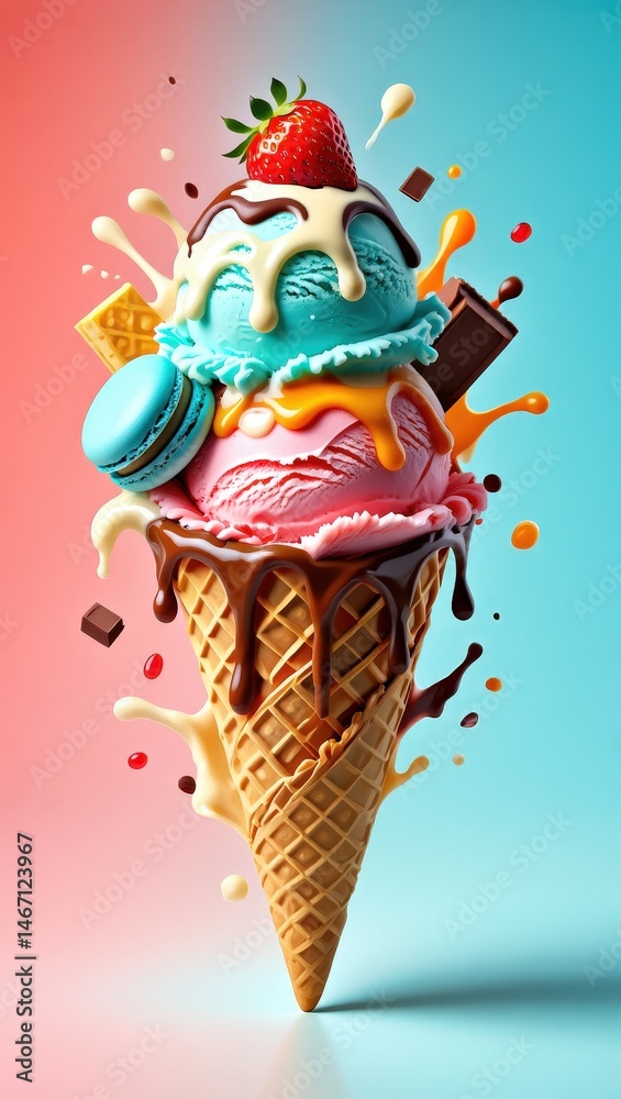 Poster a vibrant ice cream cone overflowing with various flavored scoops of ice cream, drizzled in chocolat