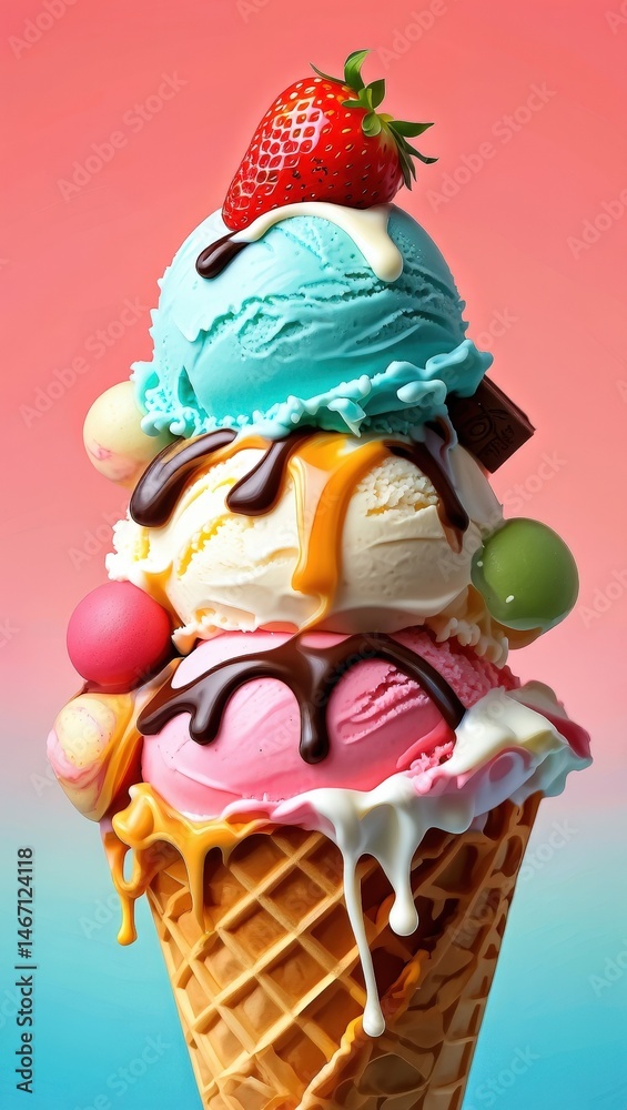 Poster A stack of colorful ice cream cones with various toppings.