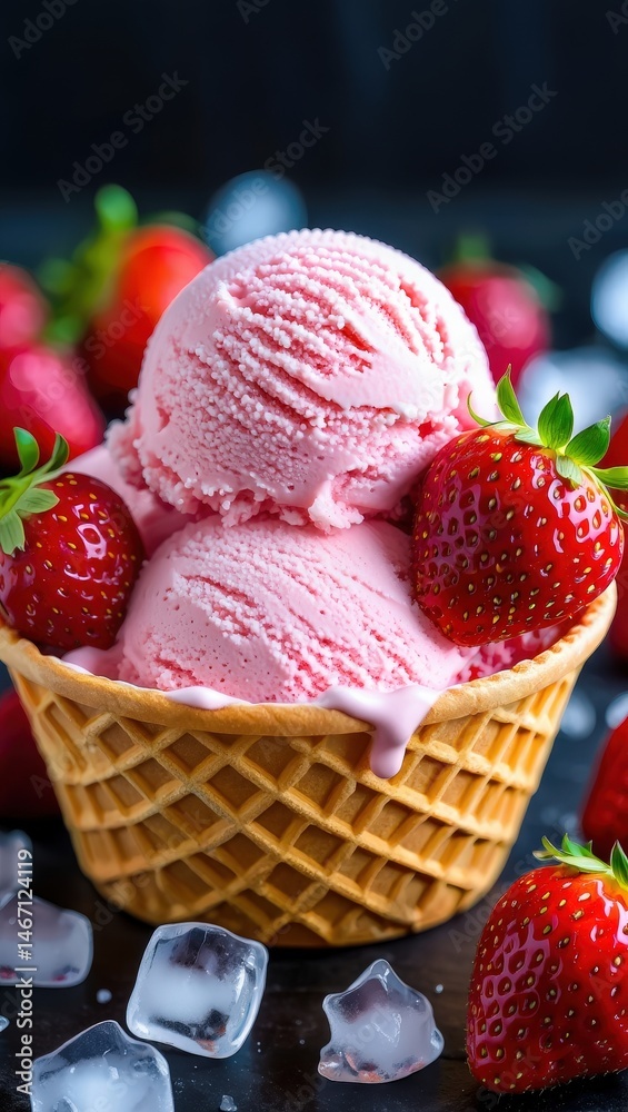 Poster a scoop of strawberry ice cream in a waffle cone surrounded by fresh strawberries on a dark surface.