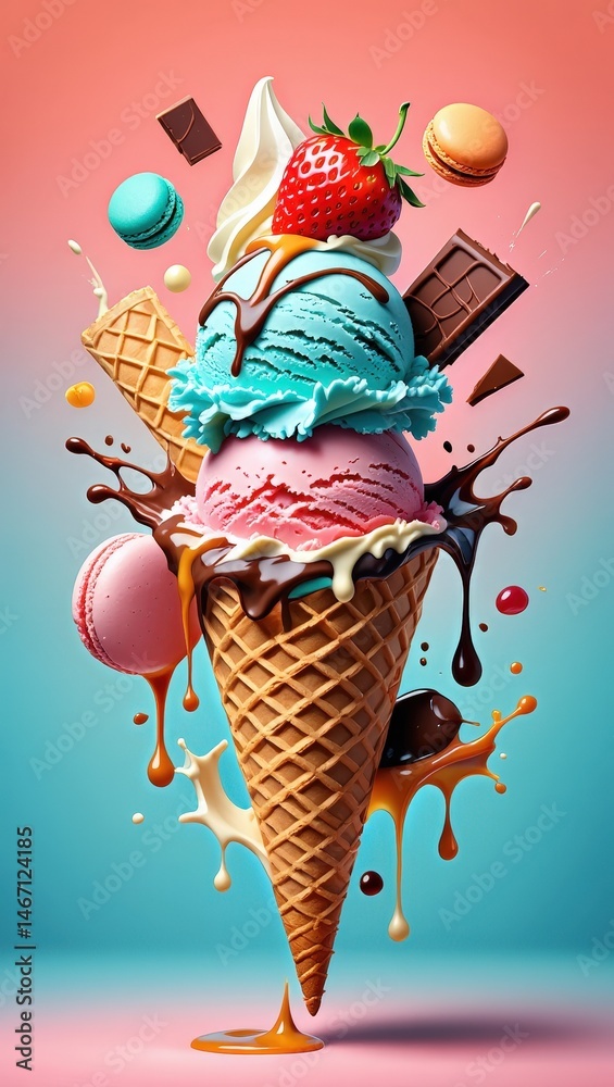 Poster ice cream cones overflowing with various flavored ice cream in vibrant colors against a gradient blu