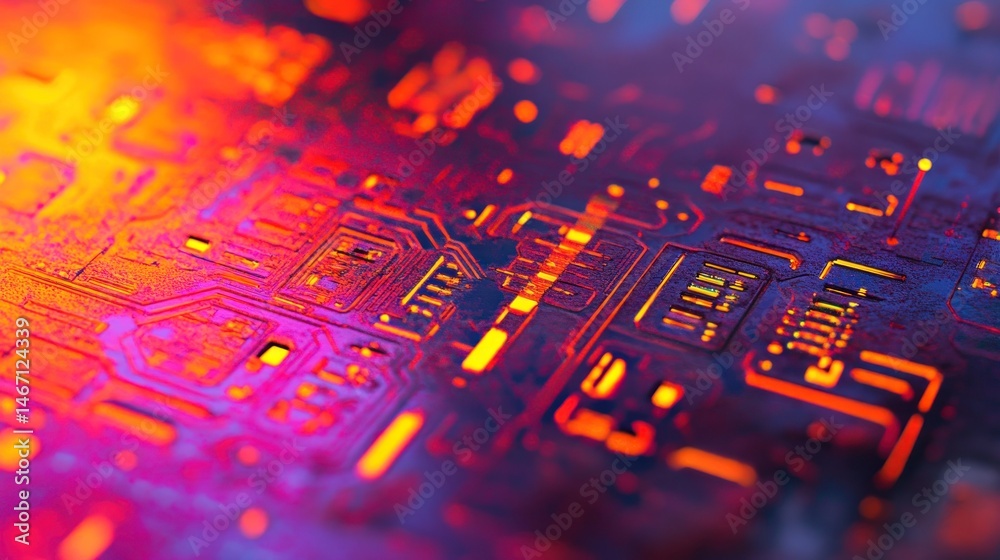Wall mural close-up of a vibrant circuit board with intricate pathways illuminated in warm and cool tones.