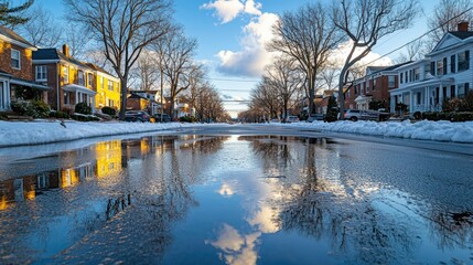Fototapeta premium Winter street reflection. A serene winter scene with a flooded street reflecting the colorful sky and trees