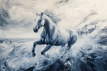 Fototapeta premium Majestic white horse galloping through turbulent ocean waves under a dramatic sky