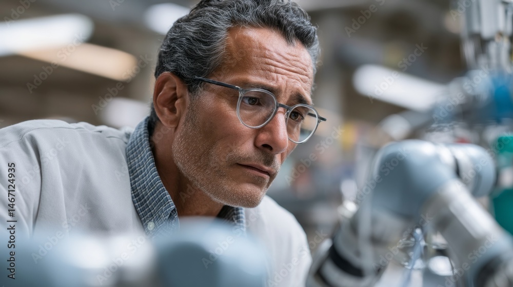 Aufkleber A Hispanic engineer wearing glasses closely examines robotic machinery in a high-tech engineering workshop, showcasing dedication and problem-solving skills. The workshop is well-equipped with tools