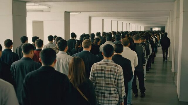 Crowded hallway, many people walking