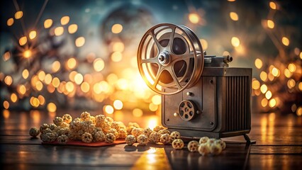 Enjoy a Cozy Movie Night with Vintage Film Projector and Popcorn with A Nostalgic Cinematic Experience at Home.