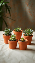 Obraz premium Five succulents in terracotta pots sit on a beige fabric