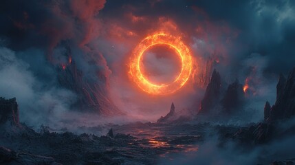 Fiery ring over a volcanic landscape.  A fiery ring hovers amidst a dramatic volcanic landscape at twilight.  Molten clouds and dark mountains surround a placid area