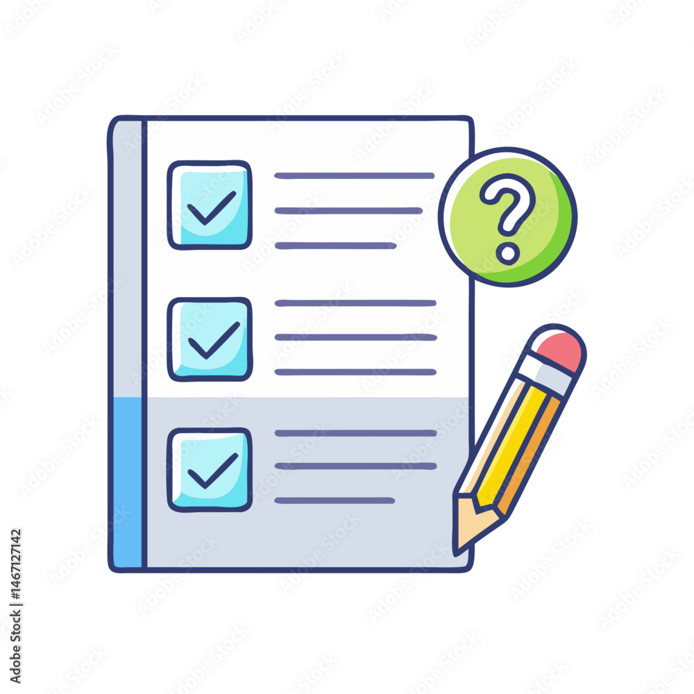 Poster checklist survey form with check marks and question mark for feedback and task management list