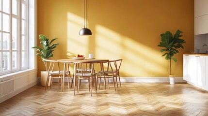 Sunny yellow kitchen, dining area, parquet floor, plants, interior design