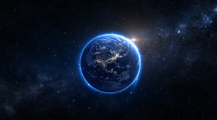 Earth seen from space, glowing blue ring, milky way, sunrise