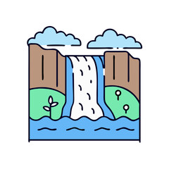 Waterfall landscape vector illustration with mountains, clouds, water and nature scenery for design