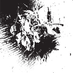 Abstract black and white paint splatters create a dynamic textured composition.