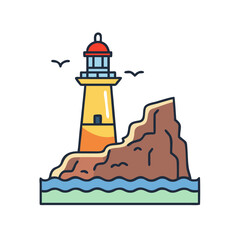 Lighthouse illustration beacon on island with birds and ocean waves vector graphic design