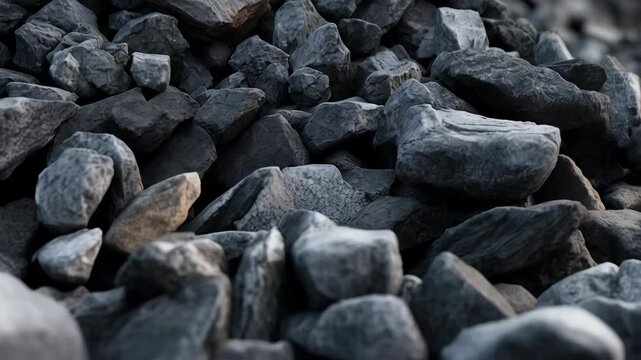 Pile of dark gray basalt rock aggregate, construction material for crushed stone road base, abstract stony backdrop.