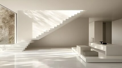 Fototapeta premium Modern interior space featuring large glass windows that provide natural light and a view of green landscaping.