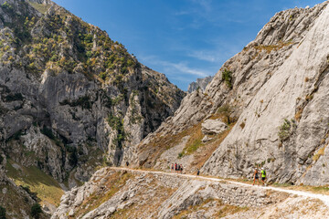 Stunning panoramic view of the dramatic rocky peaks and deep valleys of the Picos de Europa National Park in  Spain, showcasing rugged cliffs, narrow gorges. Popular destination for hiking, adventure.