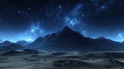 A panoramic night view of a desert landscape under a starry sky,