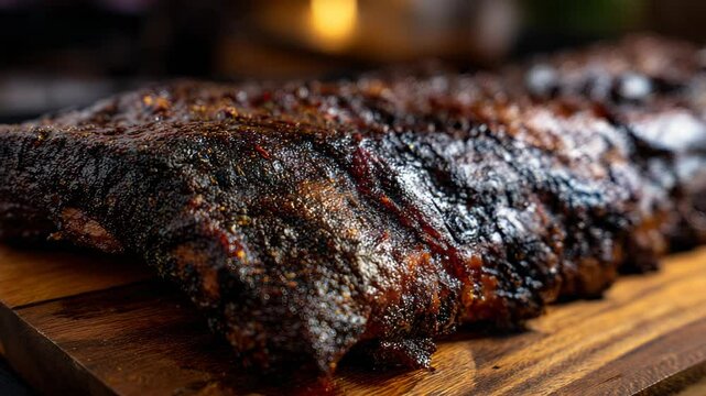 Juicy, tender barbecue ribs seasoned and smoked to perfection, resting on a rustic wooden cutting board, ready to be served at a barbecue feast